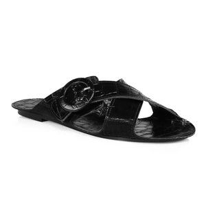 DEFINERY Loop Cross Croc-Embossed Leather Flat Sandals in Obsidian (Black) NWT